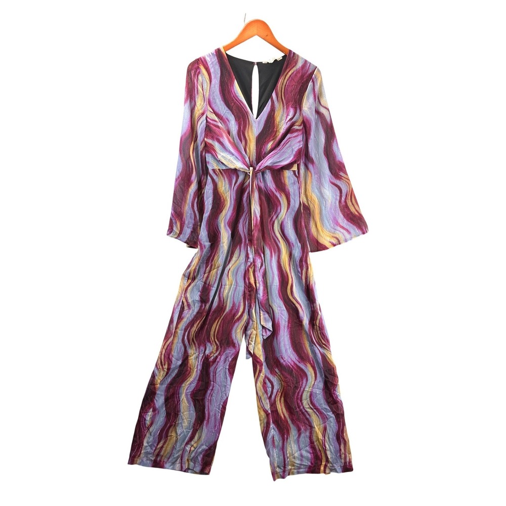 River Island Abstract Wide Leg Jumpsuit Womens 2 Purple Tie Front Boho Party